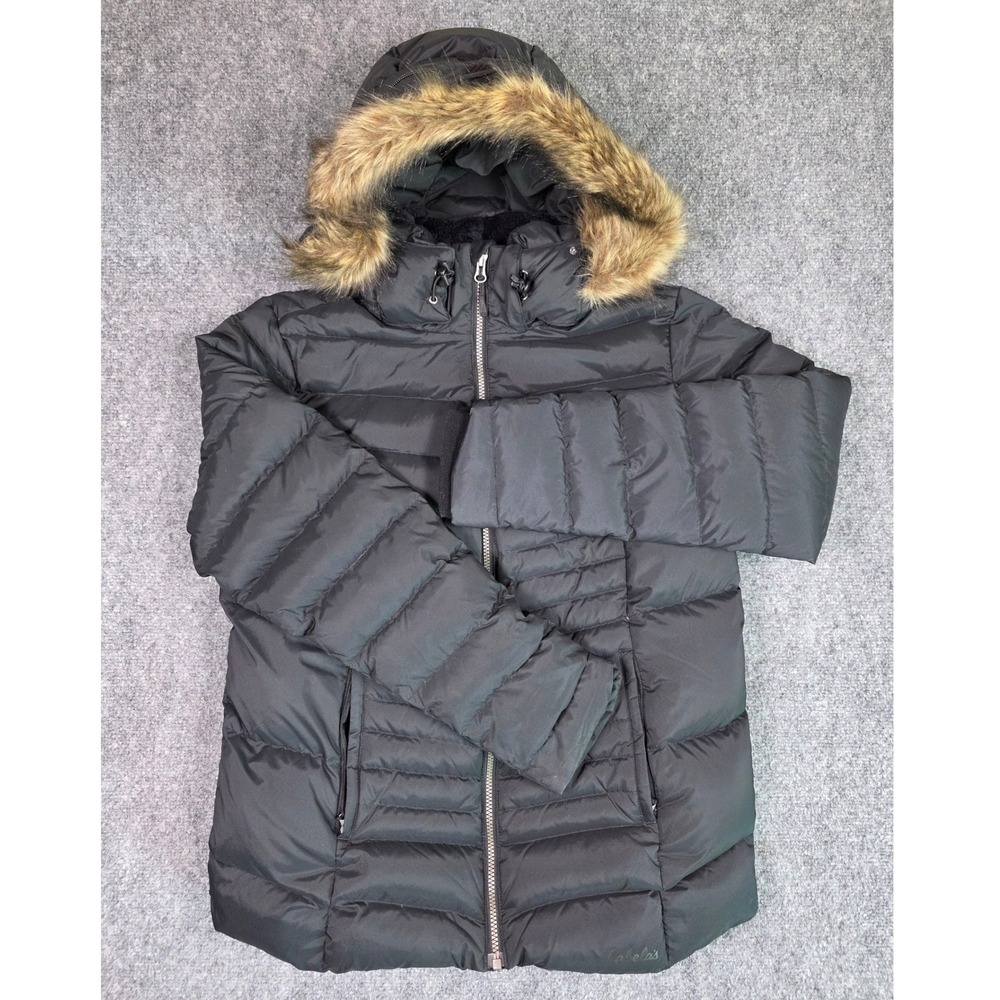 Cabela's Puffer Jacket Womens Medium Black Faux Fur Hood Goose Down Insulated